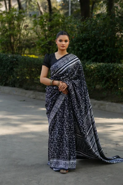 Deep Black Silk Natural Dye Print Saree.