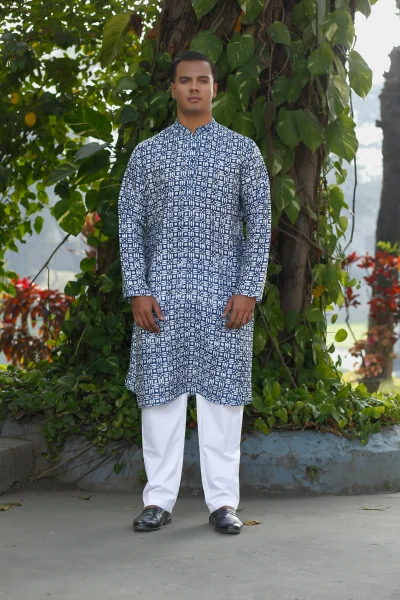 Patterned Blue & White Silk Natural Dye Regular Fit Kurta.