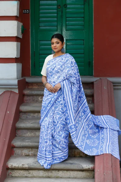 Light Blue Silk Natural Dye Print Saree.