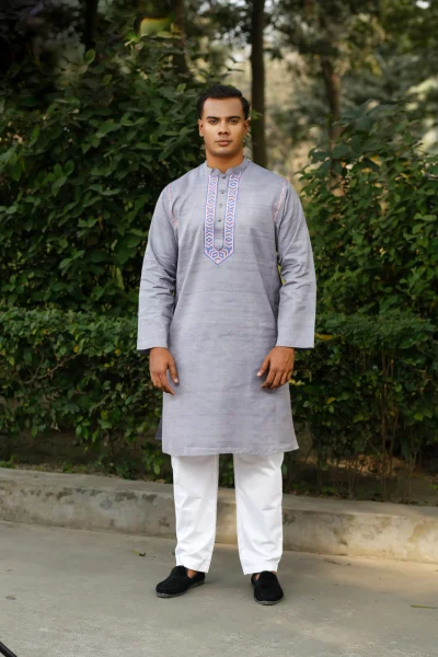 Silver Grey Endi Cotton Embroidery Regular Fit Kurta.