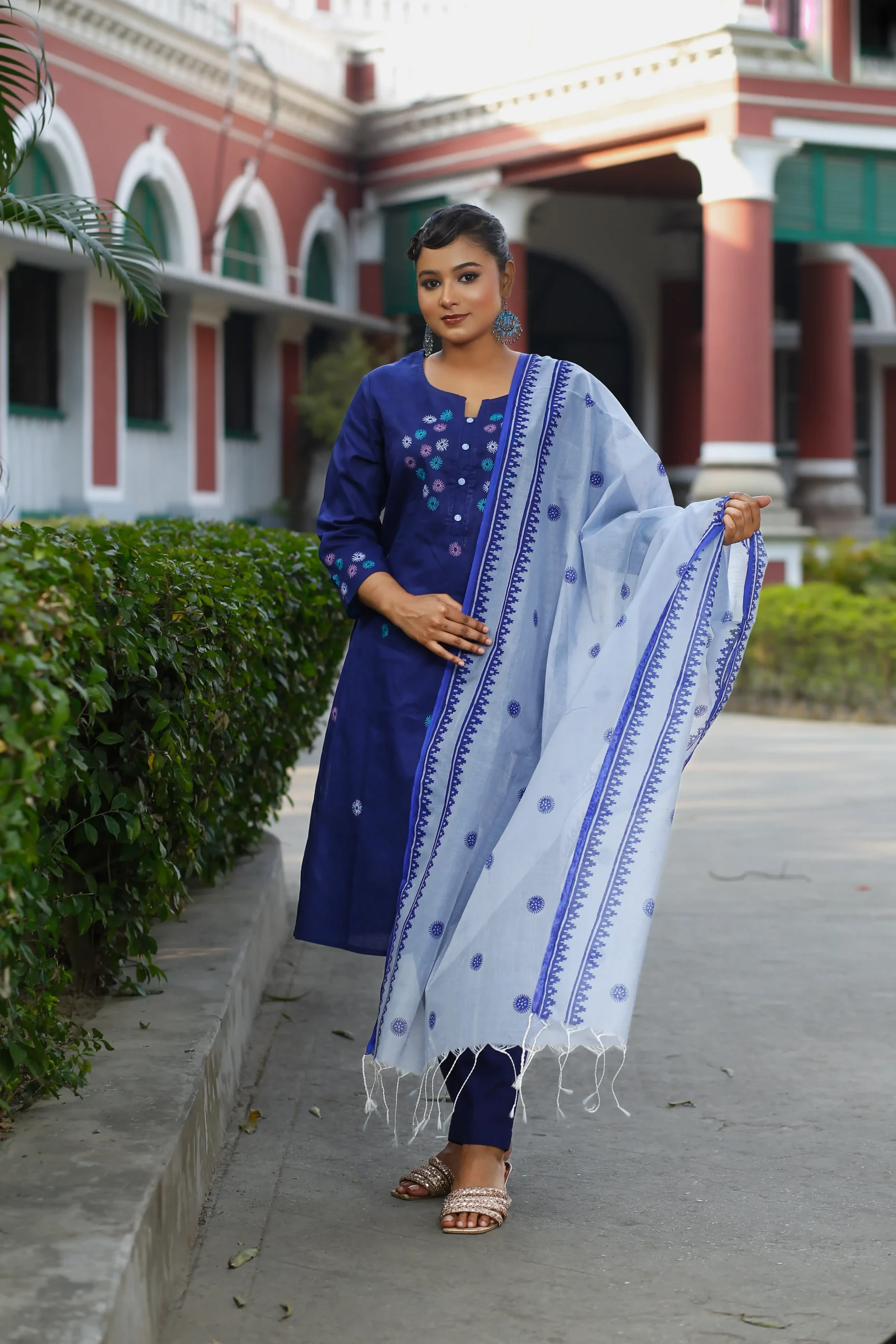 _MG_3753 Navy Blue Cotton Block Print Embroidery Regular Fit 3 Piece Set. - Image 1