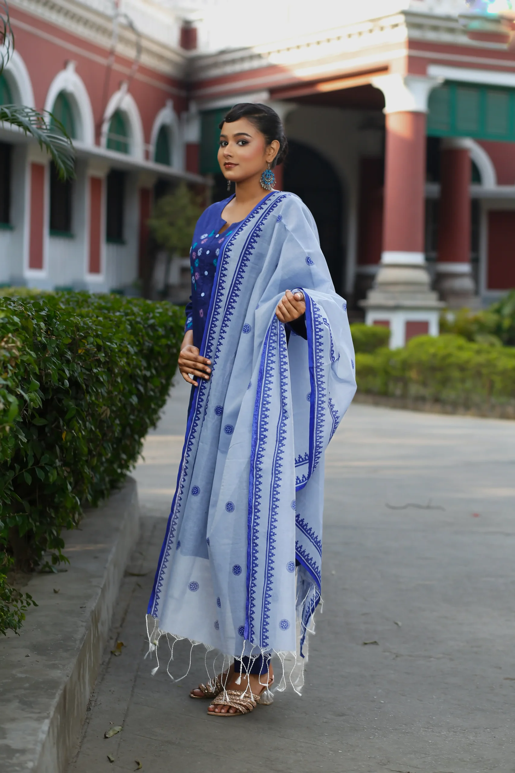 _MG_3756 Navy Blue Cotton Block Print Embroidery Regular Fit 3 Piece Set. - Image 2