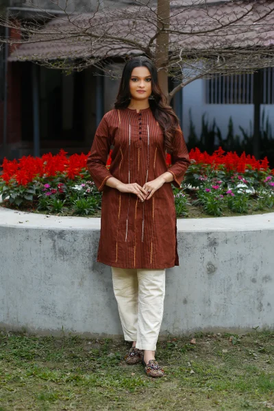 Terracotta Brown Cotton Embroidery Regular Fit Dress.