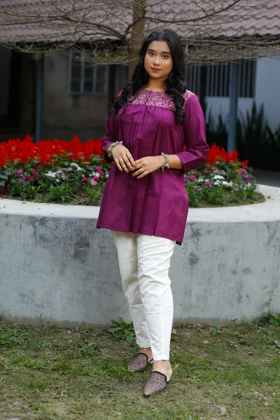 Deep Magenta Cotton Block Print Regular Fit Ladies Kurtee.