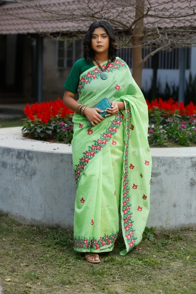 Light Green Half Silk Embroidery Kota Saree.