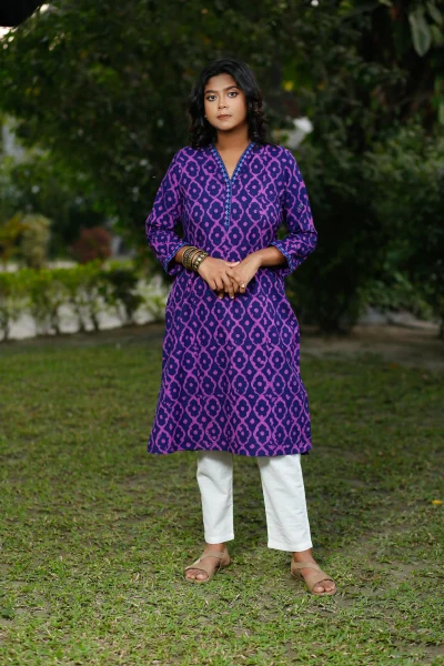 Deep Purple Cotton Natural Dye Embroidery Regular Fit Dress.