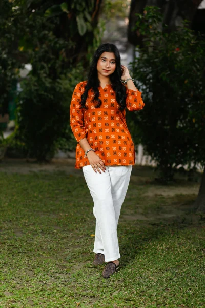 Saffron Orange Cotton Block Print Regular Fit Tops.